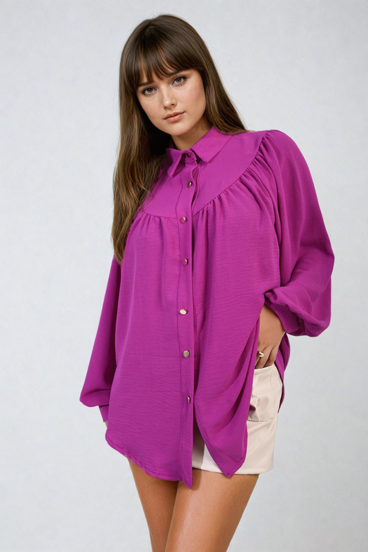 High Neckline Button Front Balloon Sleeve Top