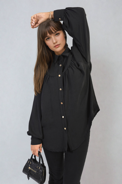 High Neckline Button Front Balloon Sleeve Top