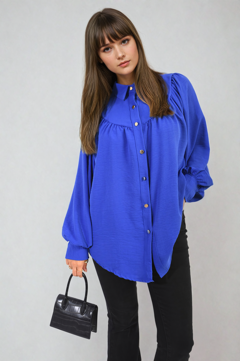 High Neckline Button Front Balloon Sleeve Top